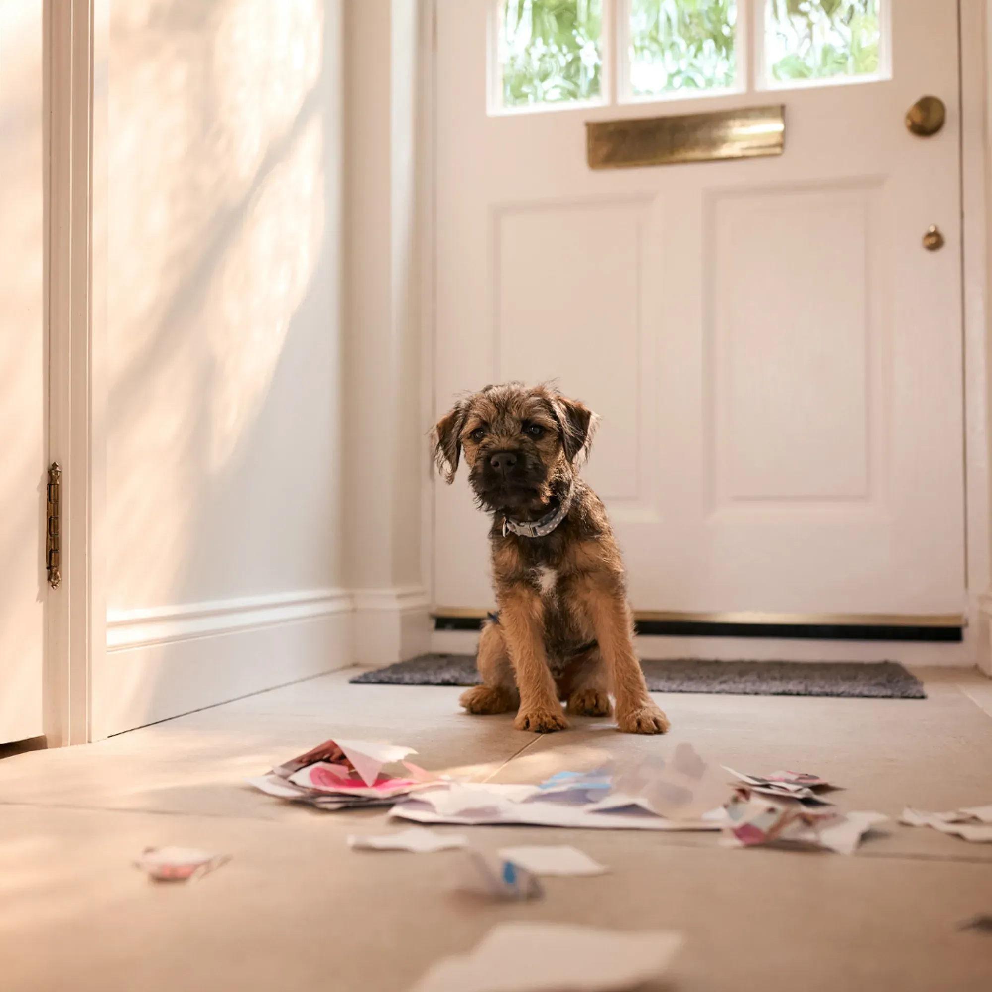 Disobedient dog that has destroyed a newspaper
