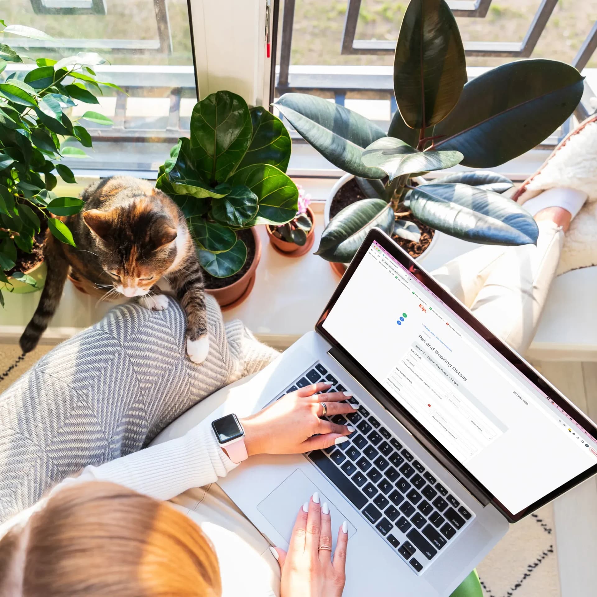 Woman books a stay at Kip with cat next to them