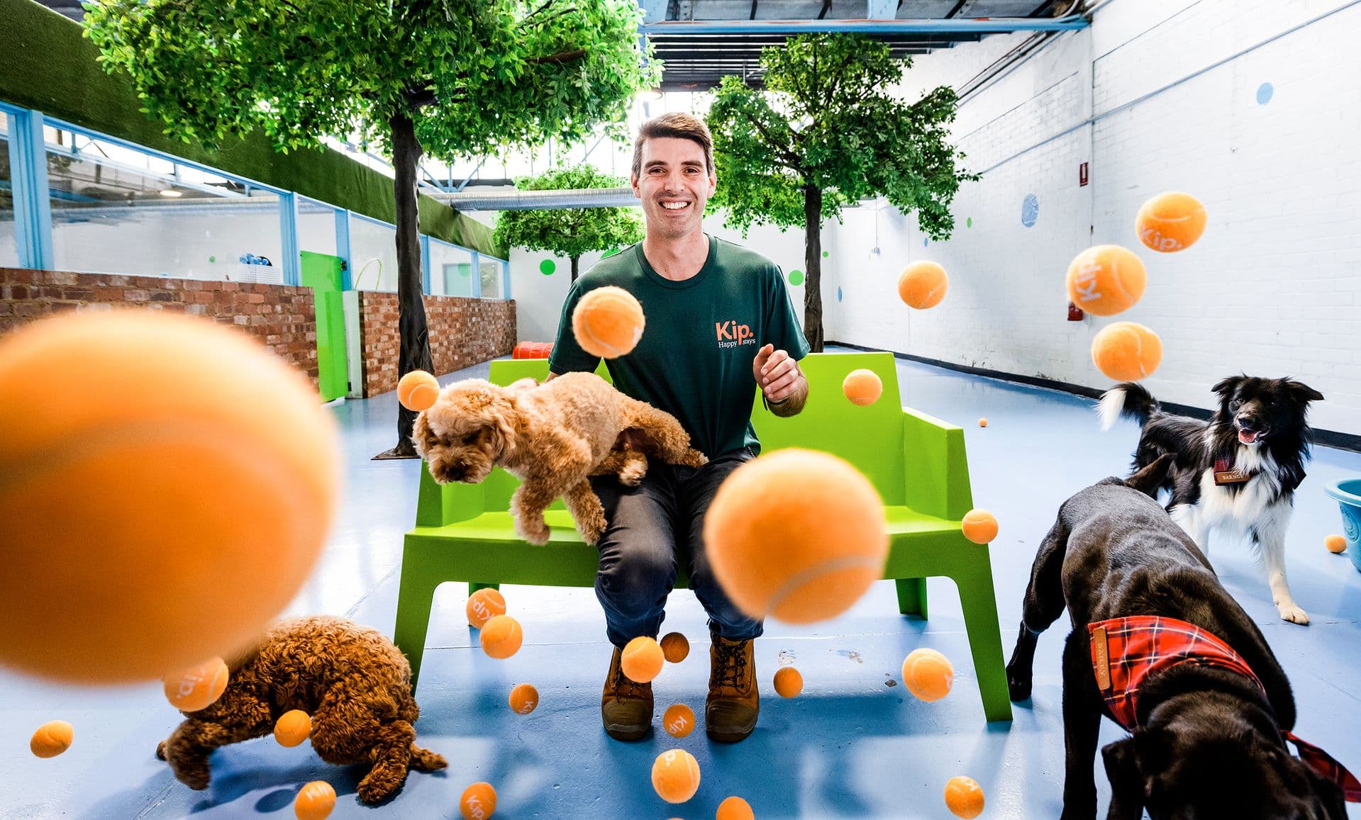 Kip staff surrounded by balls and dogs