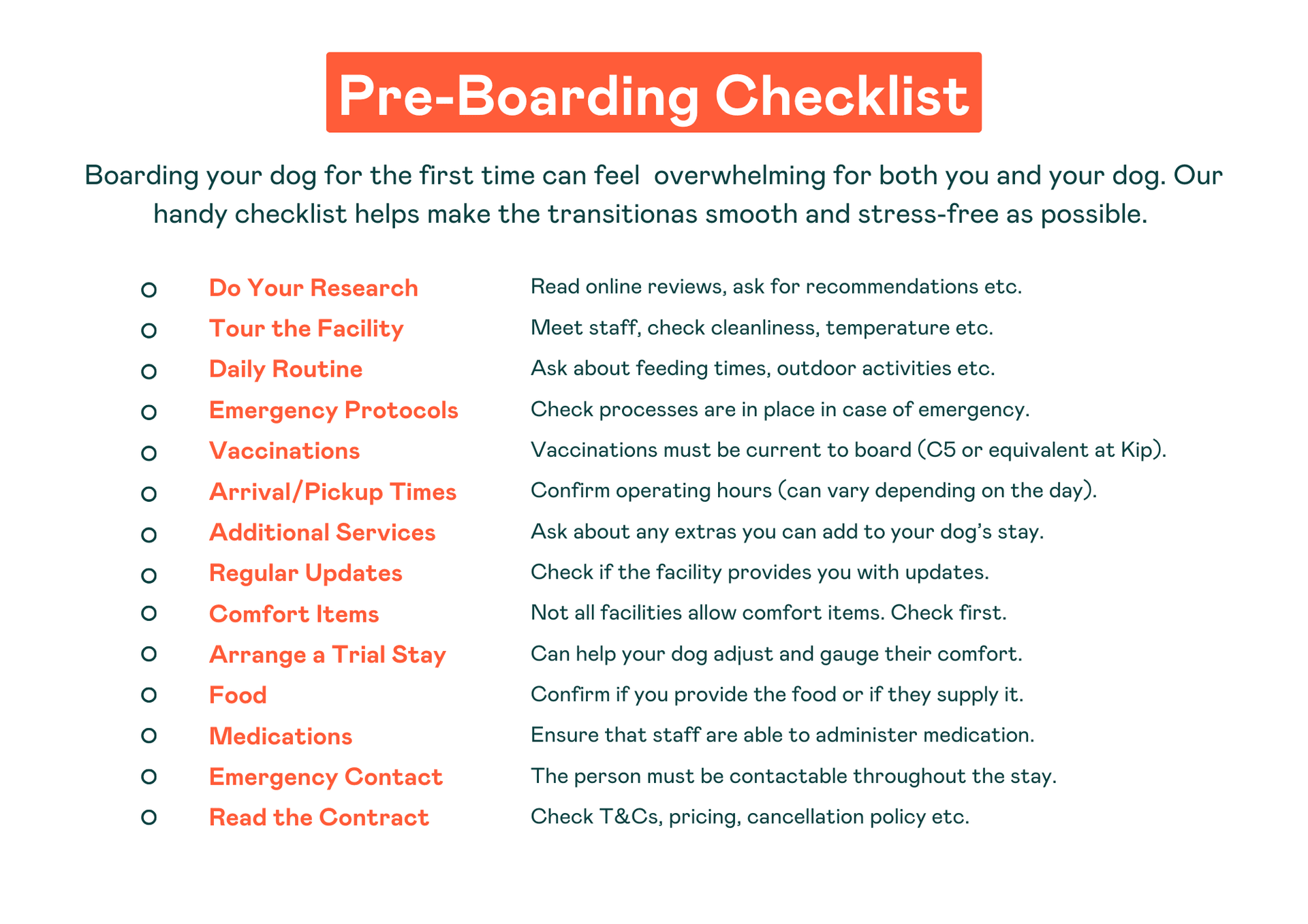 Dog pre-boarding checklist
